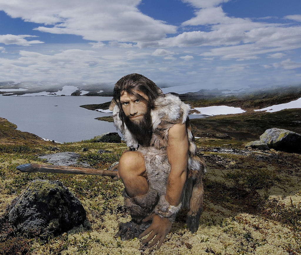 Reconstructie Neanderthaler in toendralandschap